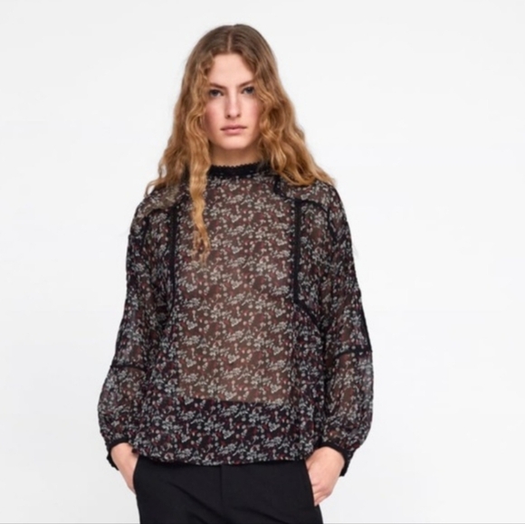 Zara Floral Print Peasant Blouse Balloon Sleeves black Large @A7 - Picture 2 of 9